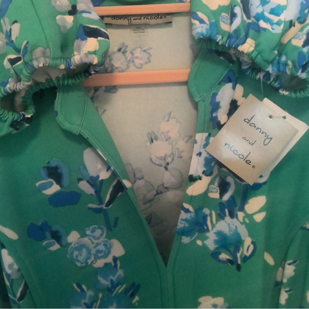 NWT Danny & Nicole Green & Blue Floral Collared V-Neck Belted Dress 18 - Picture 5 of 14